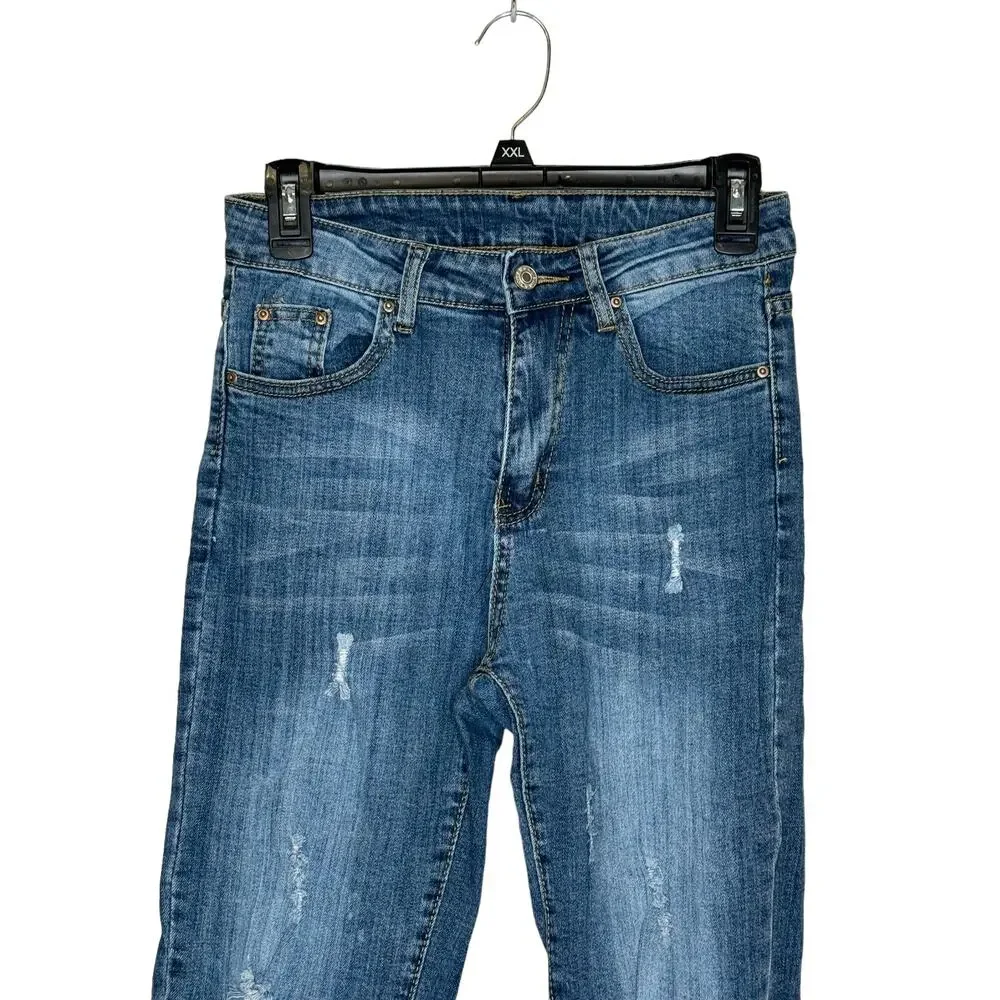 Unbranded Women's Jeans Distressed Frayed‎ Hem Skinny Mid-Rise Denim Blue Small